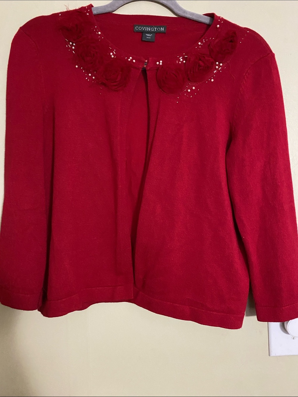 Covington Deep Red Floral Embellished Open Cardigan